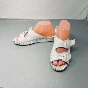 La Plume Womens Sandals 39 White Leather Double Buckle Whipstitch Slide Italy